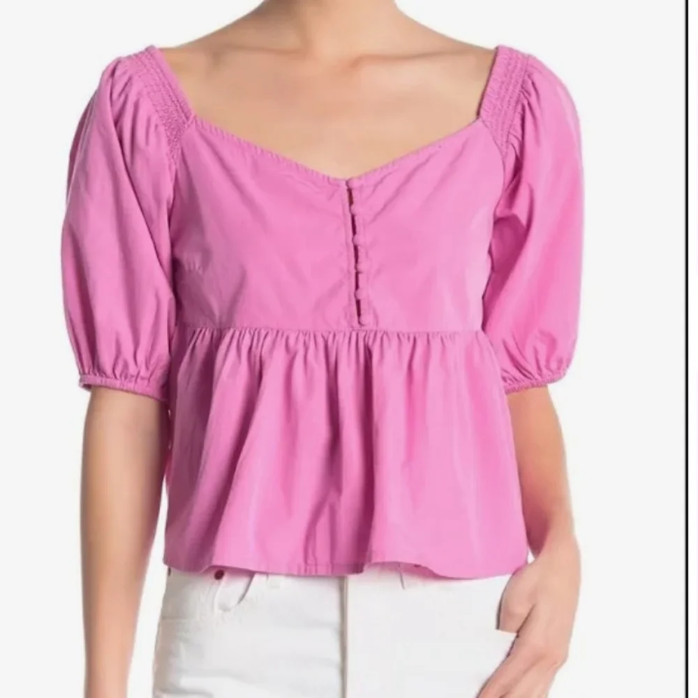 Free People Veronica Poplin Sweetheart Peplum Babydoll Puff Sleeve Blouse - Picture 2 of 15